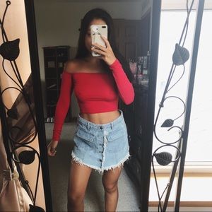off the shoulder red bardot long sleeve crop top